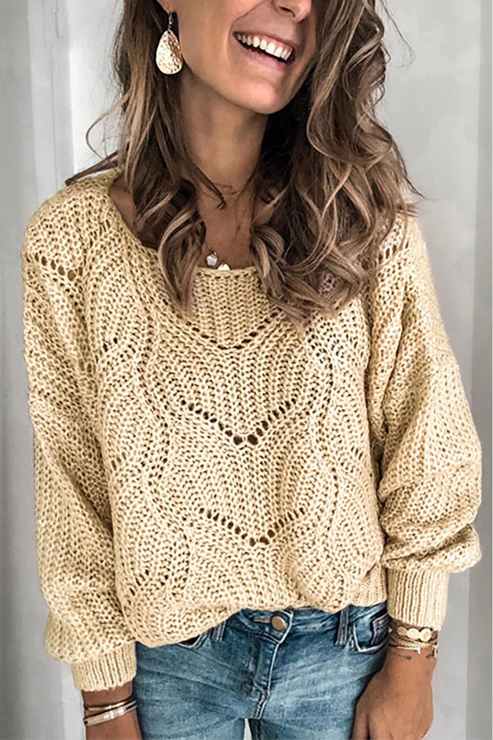 Khaki Hollow-out Round Neck Knitted Sweater