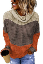 Load image into Gallery viewer, Orange Cowl Neck Colorblock Cable Knit Sweater
