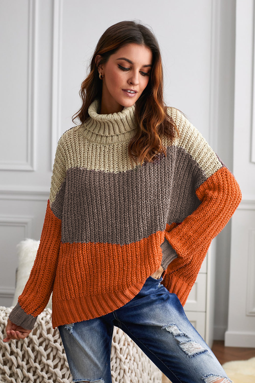 Orange Cowl Neck Colorblock Cable Knit Sweater