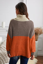 Load image into Gallery viewer, Orange Cowl Neck Colorblock Cable Knit Sweater
