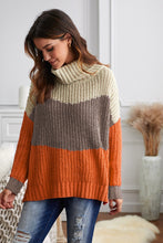 Load image into Gallery viewer, Orange Cowl Neck Colorblock Cable Knit Sweater
