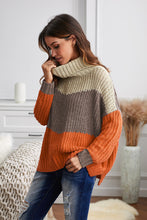 Load image into Gallery viewer, Orange Cowl Neck Colorblock Cable Knit Sweater
