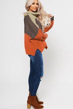 Load image into Gallery viewer, Orange Cowl Neck Colorblock Cable Knit Sweater
