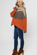 Load image into Gallery viewer, Orange Cowl Neck Colorblock Cable Knit Sweater
