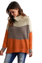 Load image into Gallery viewer, Orange Cowl Neck Colorblock Cable Knit Sweater
