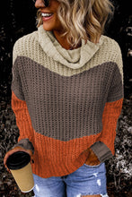 Load image into Gallery viewer, Orange Cowl Neck Colorblock Cable Knit Sweater
