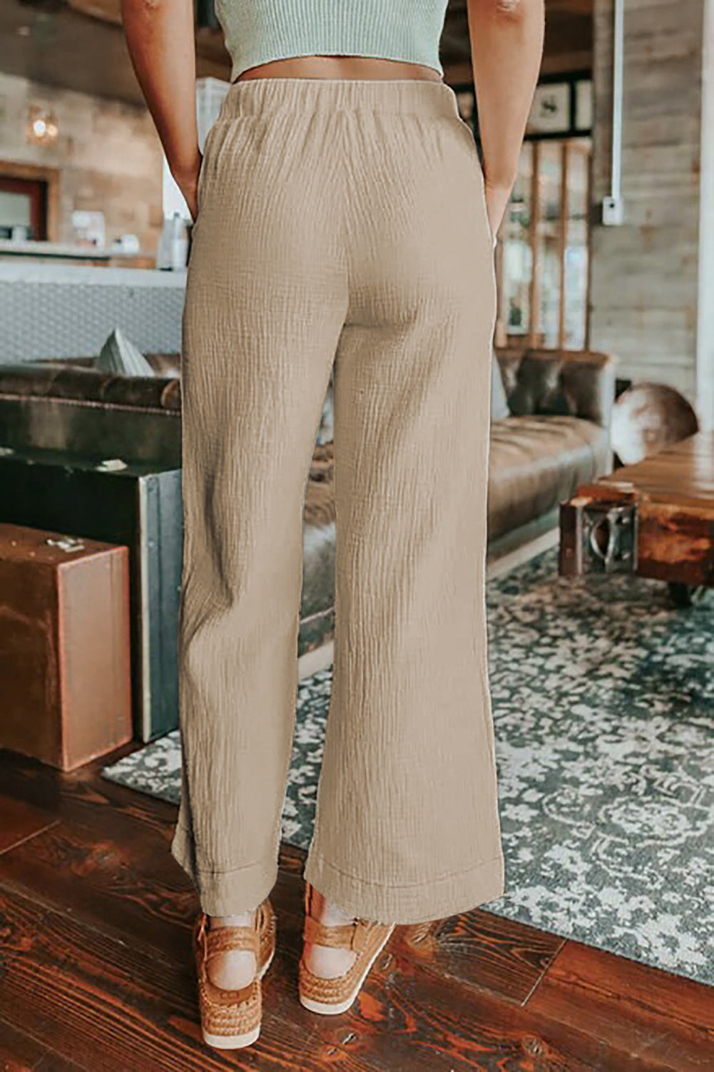 Women's Khaki Drawstring Waist Crinkled Wide Leg Pants